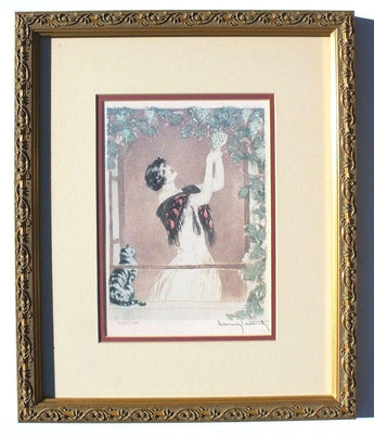 Vintage Louis Icart Framed Print "Lady In Window Picking Grapes" I25/500