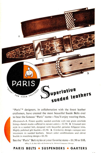 Vtg 1950s Paris Sueded Leather Belts Suspenders Advertisement Ad Photo #2891