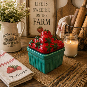New Farmhouse Garden Basket Of Fresh Strawberries Fruit Food Candle Decor