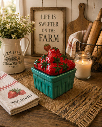 New Farmhouse Garden Basket Of Fresh Strawberries Fruit Food Candle Decor