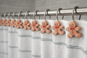 New Christmas Holiday Gingerbread Cookies Bathroom Shower Curtain Hooks