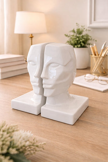 New Large White Modern Abstract Ceramic Face Bookend Set Art Nouveau Decor