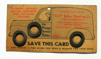 Vintage 1941 Cliff Bellas Plumbing Co. Advertising Service Card W/ Washers