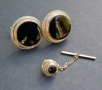 Vtg Gold hollywood Regency Black Stone Men's CUFFLINKS & Tie Tack ( 21 of 100)