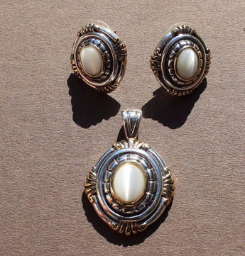 Vtg Oman Western South West Silver White Gemstone Studded Pendant Earring Set