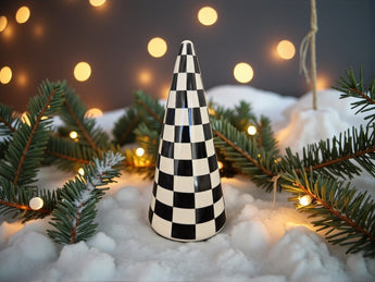 New BECKI OWENS Black White Checkered Ceramic Holiday Christmas Cone Tree 9"