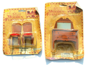 Sealed Vtg Dollhouse Mini Wooden Furniture Dinning Chairs / Bedroom Dresser NOS