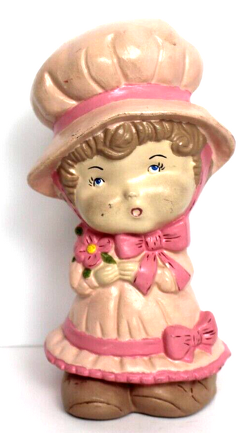 VTG 1970s Big Bonnet Girl Figure BABY Kitsch BROWN Hair Ceramic Statue Flowers