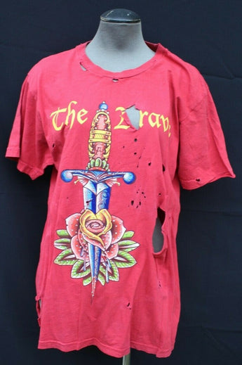 Vintage Large Christian Audigier Sword & Rose Red W/ Rips Mens T-shirt