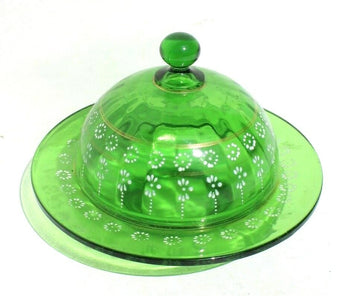 Vintage Antique Green Art Deco Glass Hand Painted Candy Dish Bowl W/ Lid