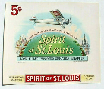 Vtg Spirit of St. Louis Cigar Box Label Charles Lindbergh's Plane Mazer Decal