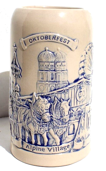 Vtg Alpine Village Oktoberfest Beer Stein Mug Embossed Carriage Ferris Wheel NOS