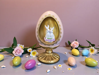 New Easter Diorama Pink Gold Egg Pedestal Bunny Rabbit Resin Figurine Decor 9.5"
