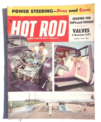 Vtg Hot Rat Rod Car Magazine - August 1956 HOT ROD (Power Steering Pros & Cons)