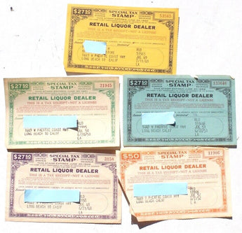 Lot Of 5 Vtg 1948 - 1952 Retail Liquor Dealer Tax Receipt California
