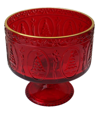 New Red Glass Trifle Pedestal Bowl Footed Candy Dish Christmas Tree Embossed