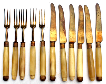 Antique 1800s Victorian Bone Fork & Knife Set Utensils Silverware