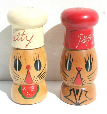Vintage Salty and Peppy Wood Wooden Cat Face Salt and Pepper Shakers 5"