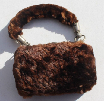 Antique VINTAGE 1900s MINIATURE Brown Fury Accessory DOLL PURSE W/ Handle