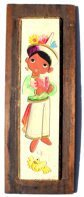 Vtg Mid Century Mexican Folk Art Wood Wall Plaques Hand Painted Children Signed