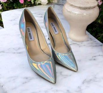New Steve Madden Silver / Opal Holographic Dress Heels Size 6M