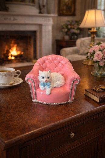 New Girly Resin White & Pink Cat Kitten Figurie W/ Laying On Chair Room Decor