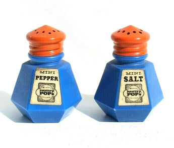 Vintage Gemco Glassware Orange / Blue Mini Pantry Pops Salt & Pepper Shaker Set
