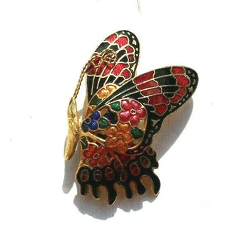 Vintage METAL Inlay Flying Butterfly W/ Flowers Scarf Pin Brooch Jewelry