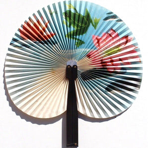 Vintage 1960s Chinese Hand Held Paper Fan W/ Flower & Frog In Pond