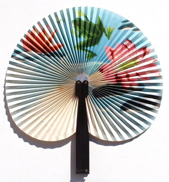 Vintage 1960s Chinese Hand Held Paper Fan W/ Flower & Frog In Pond
