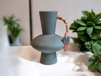 Vtg Rustic Green Modern Retro Art Rattan Boho Ceramic Flower Vase Room Decor