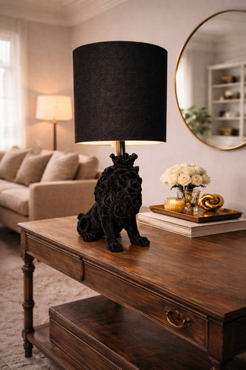 New Black Velvet Lion W/ Crown Table Lamp Flocked Animal Statue Room Decor