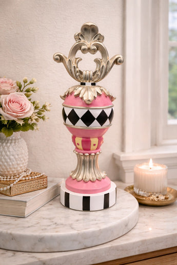 New Harlequin Easter Pedestal Ornament Gold Finial Pink Diamond Pattern Decor