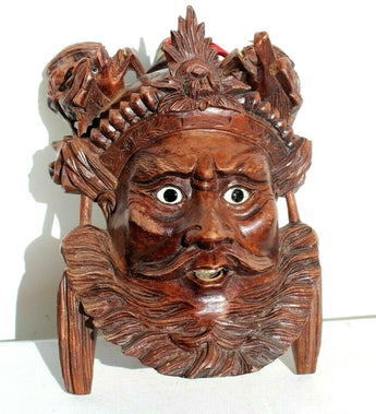 VTG Wooden Carved Chinese Wall Hanging Mask Emperor & Devil Dogs / Dragons Decor