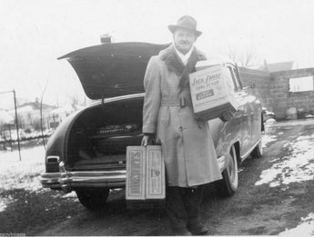 Vintage 1951 Black & White Photo - Man Holding Jack Frost Sugar Cane In Snow