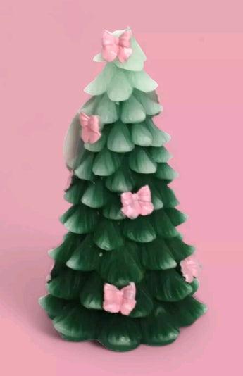 New Green W/ Pink Bows Christmas Tree Holiday Candle Room Decor