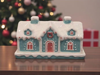 New Teal / White Ceramic Christmas Village Cottage House Holiday Butter Dish