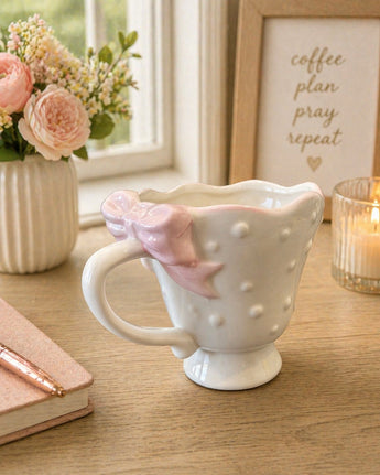 New Pink & White Ceramic Girly Bow Tie Coffee Mug