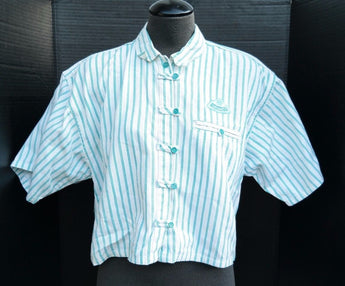 Vtg 1980s D.D. DINER Old School WOMANS Medium Stipped BUTTON UP Top / Shirt