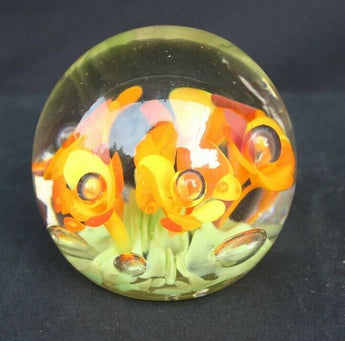 Vtg Art Glass Round Orange, Yellow & Red Bright Flowers Paper Weight Ball
