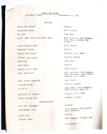 Vtg Sept 1970 Hollywood Bowl Jack Elliot Arlo Guthrie Backstage Concert Script