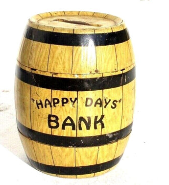 Vintage J. Chein Tin Litho Bank Happy Days Barrel Toy
