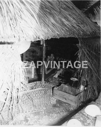 Vintage 1940s WWII Japanese Refugee Cooking Food In Grass Hut Photo Image #1774