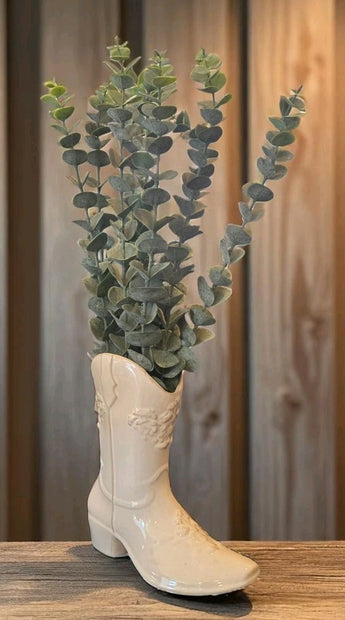 New ARTIFICIAL Eucalypytus Plant in White Ceramic Cowboy Cowgirl Boot Room Decor