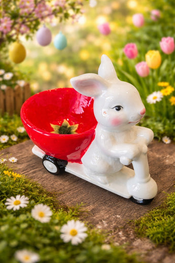 New Ceramic White / Red Flower Easter Bunny On Scooter Serving Bowl