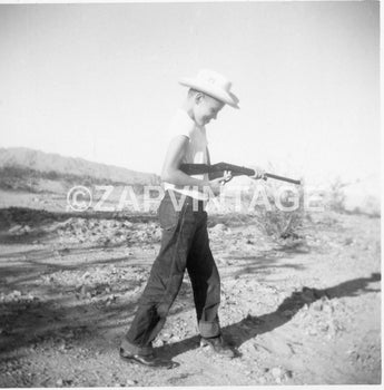 Vtg 1950's Black & White Young Boy Cowboy W/ Toy Shotgun Hunting Photo #1568