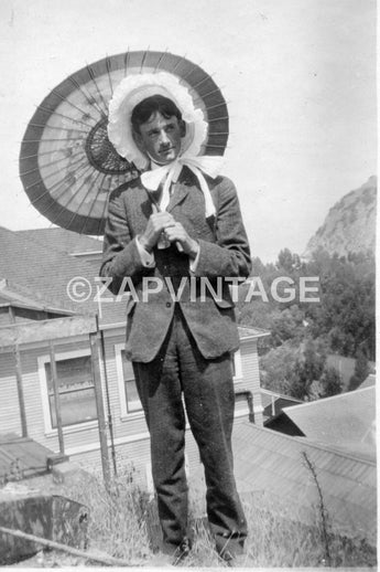 Vintage 1904 Funny Boy Dressed up In A Bonnet W/ Umbrella Photo #1867