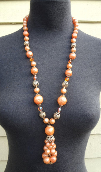 Vintage NOS ORANGE BEADED W/ Gold Chain Pendant Chain NECKLACE
