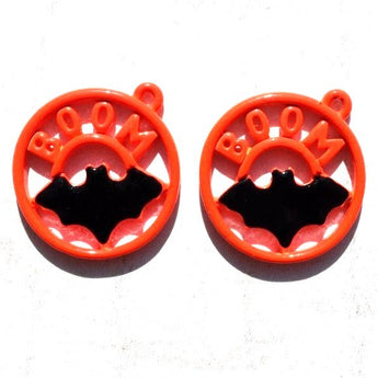 2 Vintage 1980's Halloween Orange Black Bats "Boom" Pendant Earring Jewelry