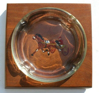 VTG Glass Ashtray W/ Hand Tooled Horse Harness Racing Leather Bottom Wood Base